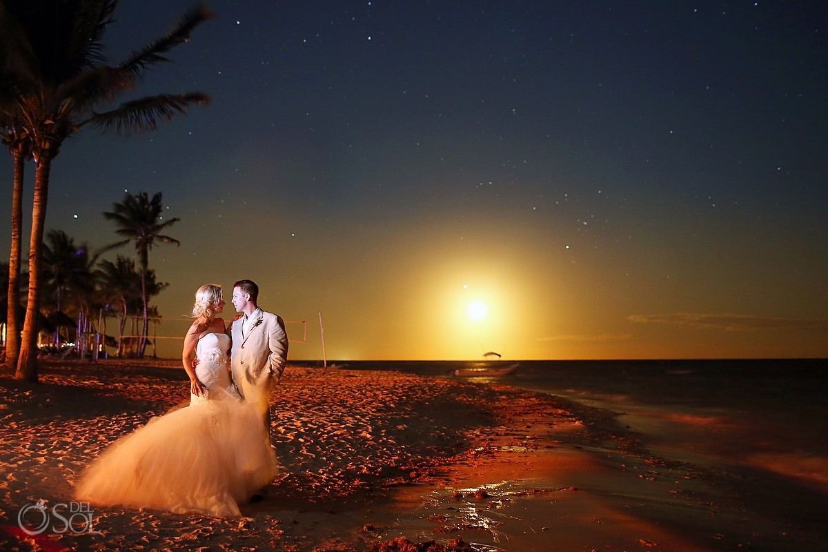 Mexico destination wedding beach Dreams Tulum moonrise bride groom