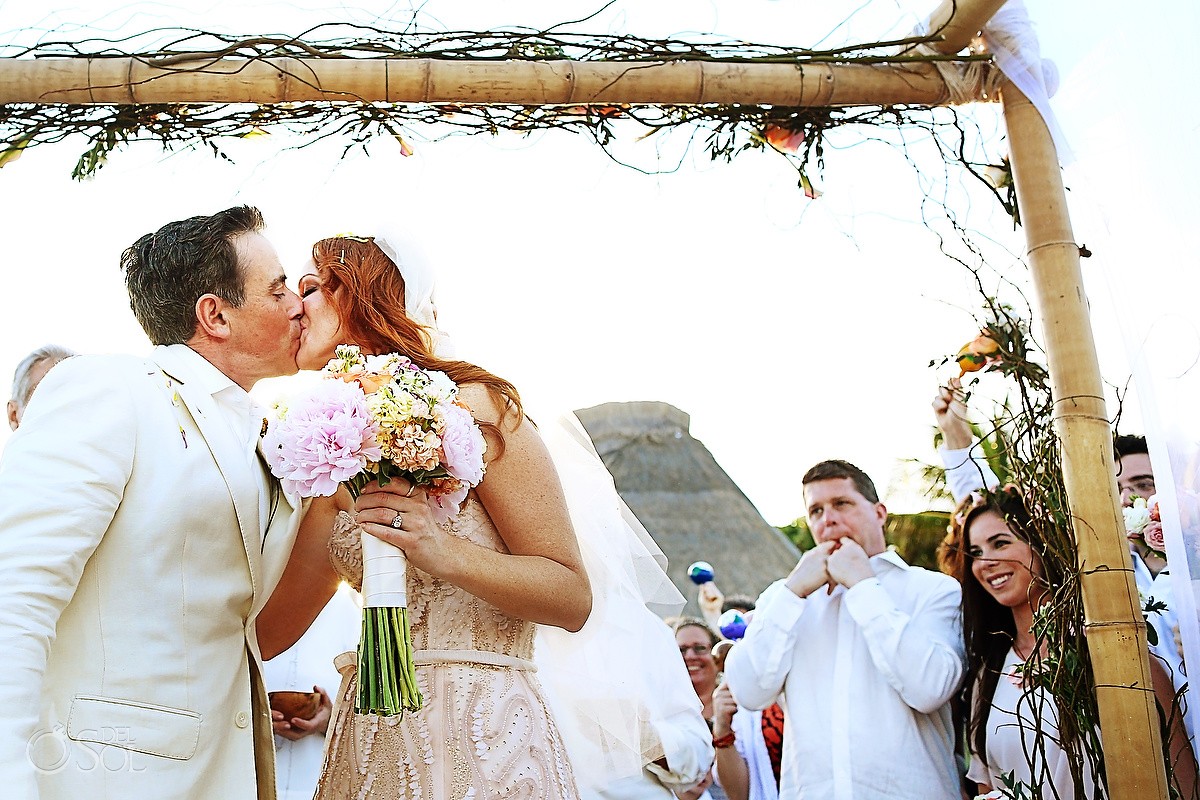 Fist kiss Beach Cosmic wedding ceremony, Belmond Maroma Riviera Maya, Mexico