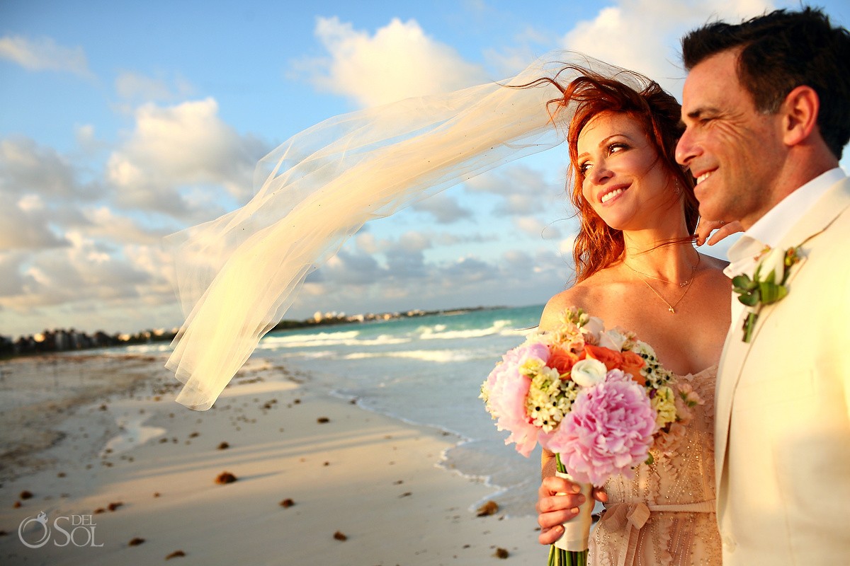 Beach wedding portrait caribbean bride veil blowing, Belmond Maroma Riviera Maya, Mexico