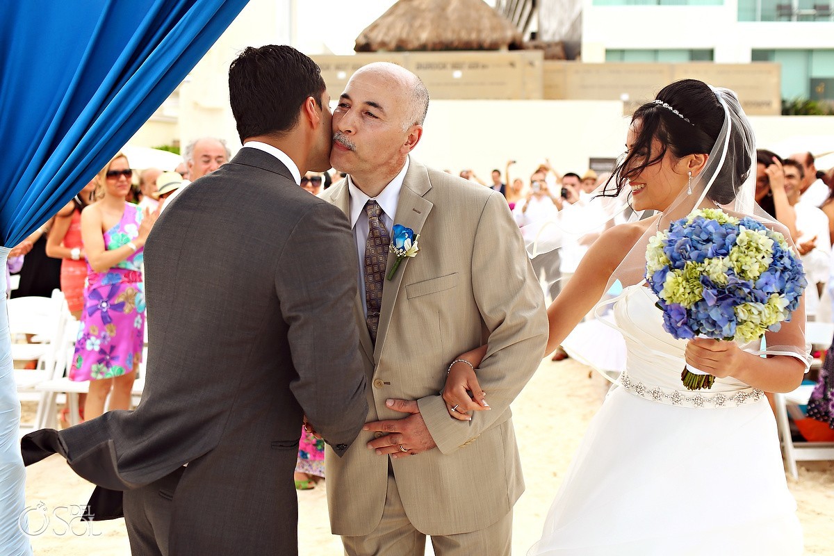 Cancun beach wedding father giving away bride