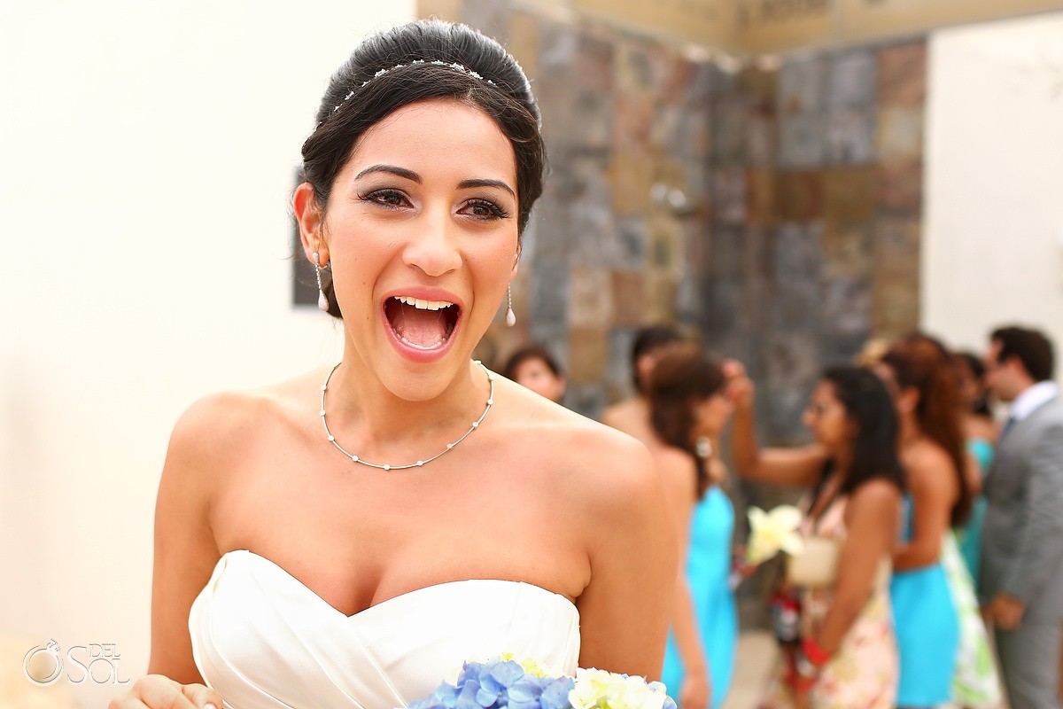 Cancun beach bride happy