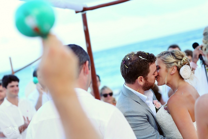 Cosmic Beach wedding Mayan ceremony first kiss Esencia Riviera Maya