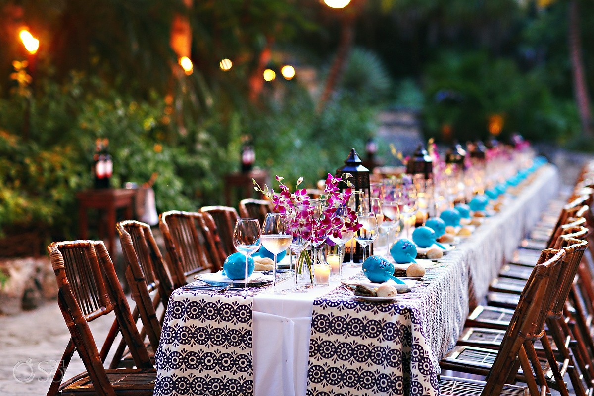 Destination wedding reception table decor at Belmond Maroma Resort
