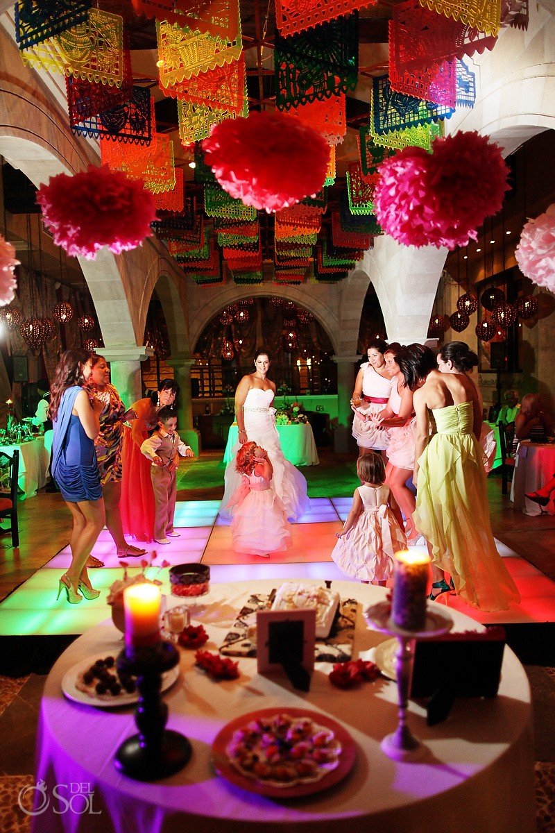 Mexican Themed wedding reception at Dreams Riviera Cancun, in the Riviera Maya by del Sol Photography.