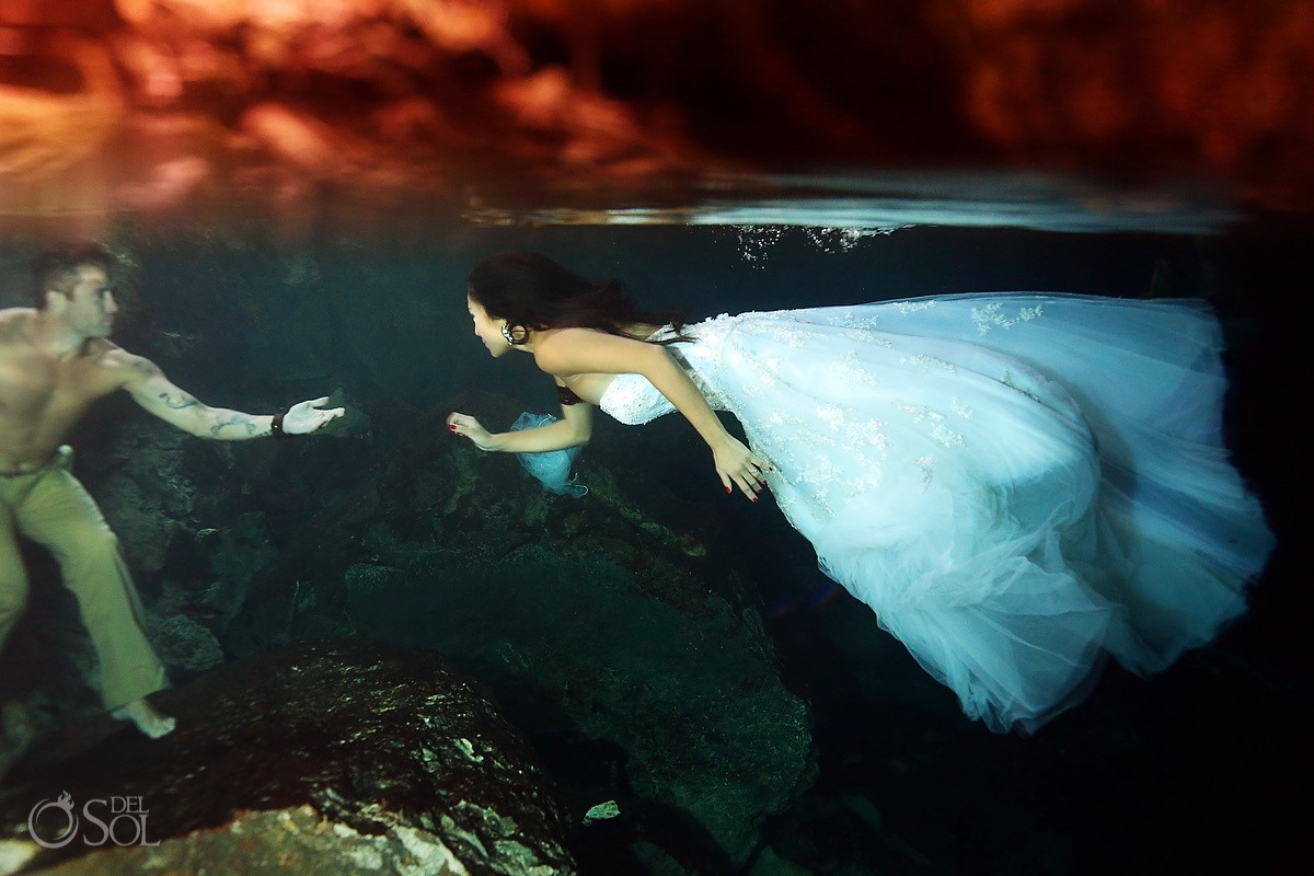 Riviera Maya trash the dress underwater cenote Mexico Del Sol Photography