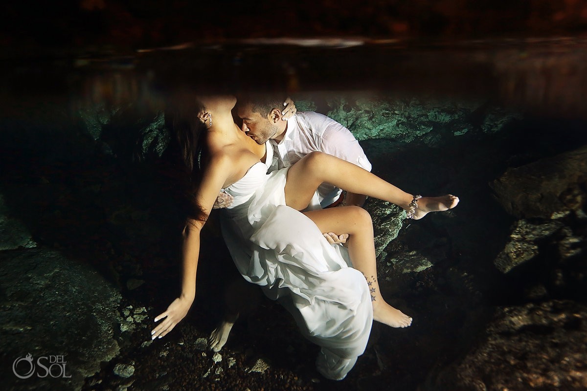 Riviera Maya underwater cenote trash the dress Mexico Del Sol Photography