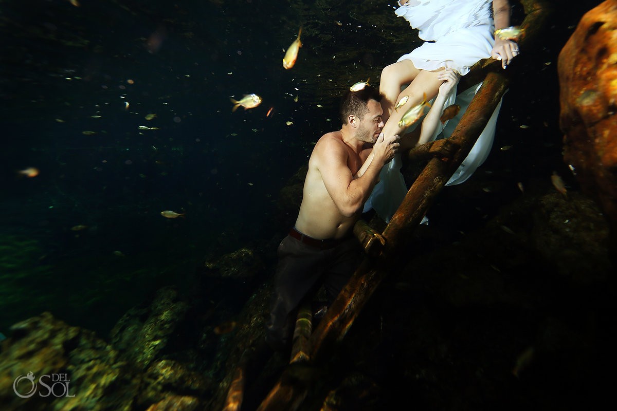 Trash the dress underwater cenote Riviera Maya Mexico Del Sol Photography
