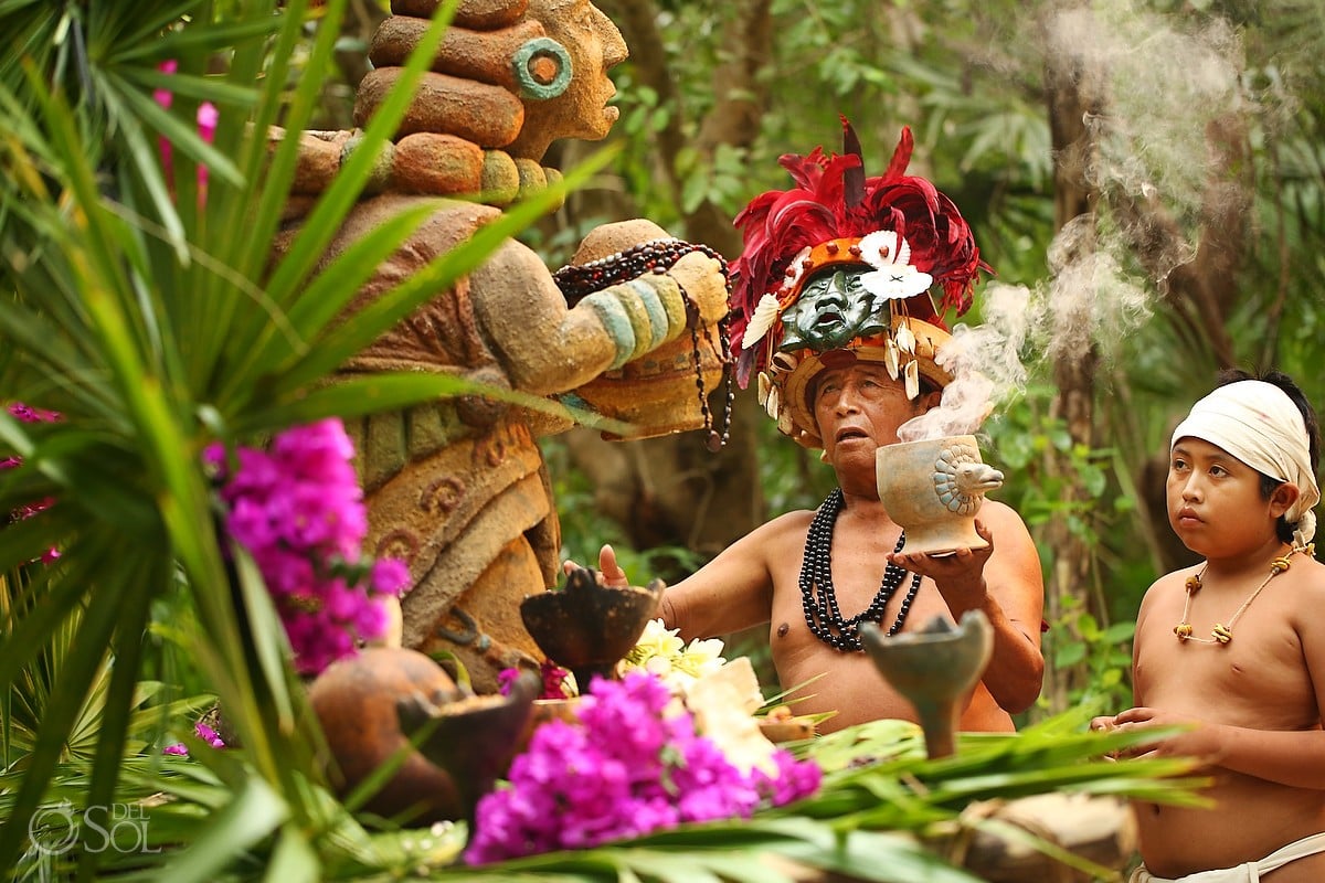 Shaman performing Mayan ceremony in Xcaret Park