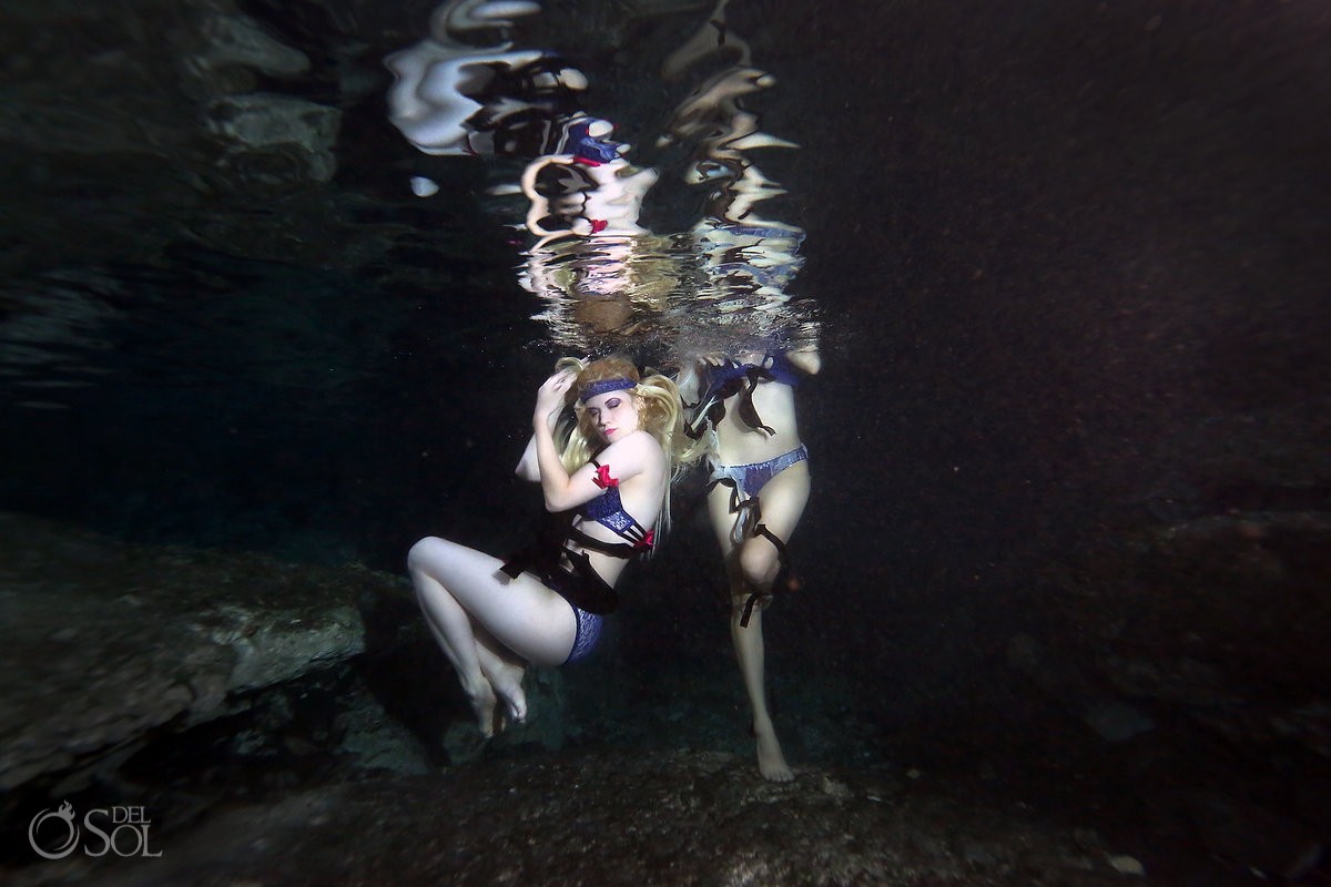 Lingerie cenote underwater boudoir fashion shoot Britta Ushkamp and Lauren LoGiudice