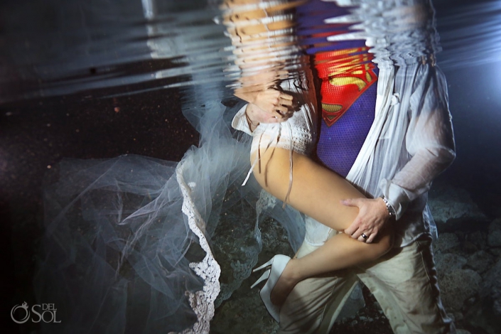 Underwater Wedding Photography with superman xcaret trash the dress