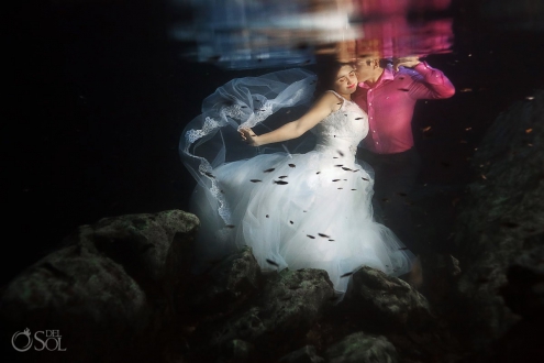 Riviera Maya trash the dress underwater bride groom cenote