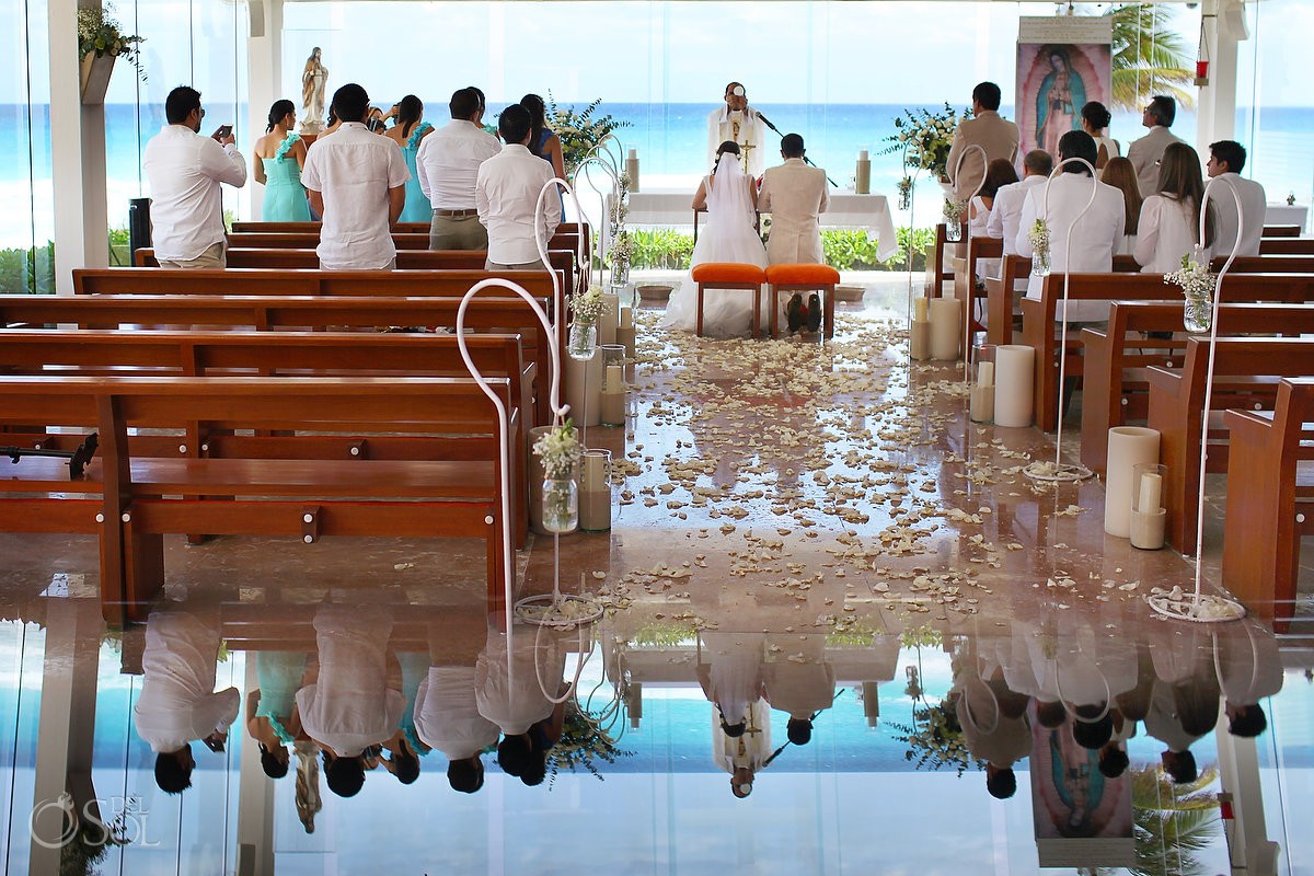 artistic reflection Our Lady of Guadalupe Chapel religious Catholic wedding ceremony venue Cancun Mexico