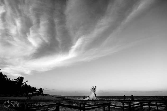 Viceroy Riviera Maya pier jetty wedding portrait black white