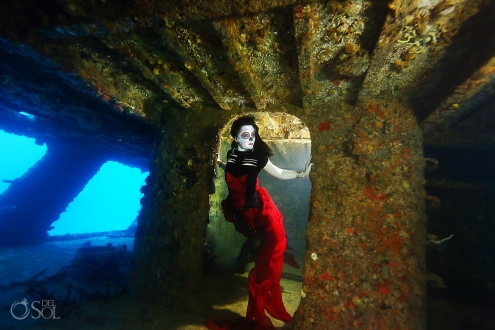 Mermaid Catrina on a shipwreck, Day of the Dead underwater fashion photography Cancun dia de los muertos sirena catrina