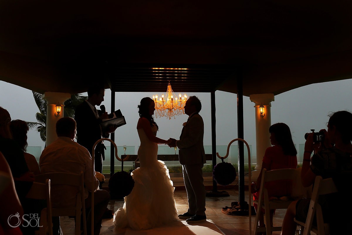 rain wedding ceremony silouhette chandelier Tucan Gazebo, Moon Palace, Cancun, Mexico