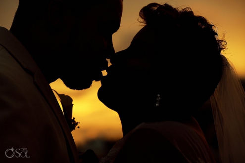 sunset portrait kiss silhouette Black African American chocolate wedding Now Jade Riviera Maya Mexico