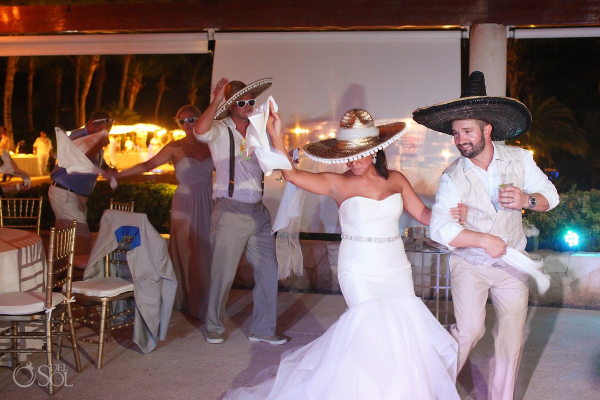 Wedding reception second lining sombreros Secrets Maroma, Riviera Maya, Mexico
