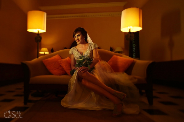 Bride portrait sofa room warm ambient light, Wedding Hacienda Uayamon, Campeche, Mexico