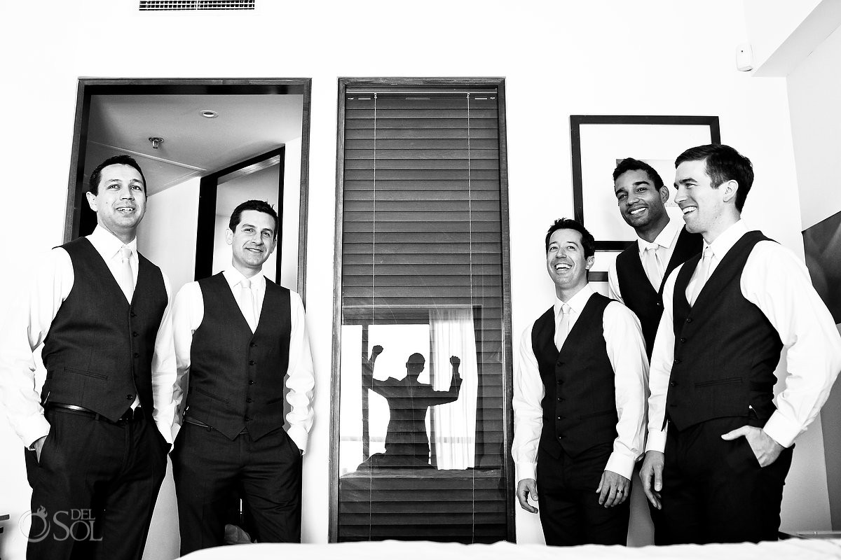Creative strong groom groomsmen getting ready portrait reflection, destination Wedding Live Aqua Cancun, Mexico