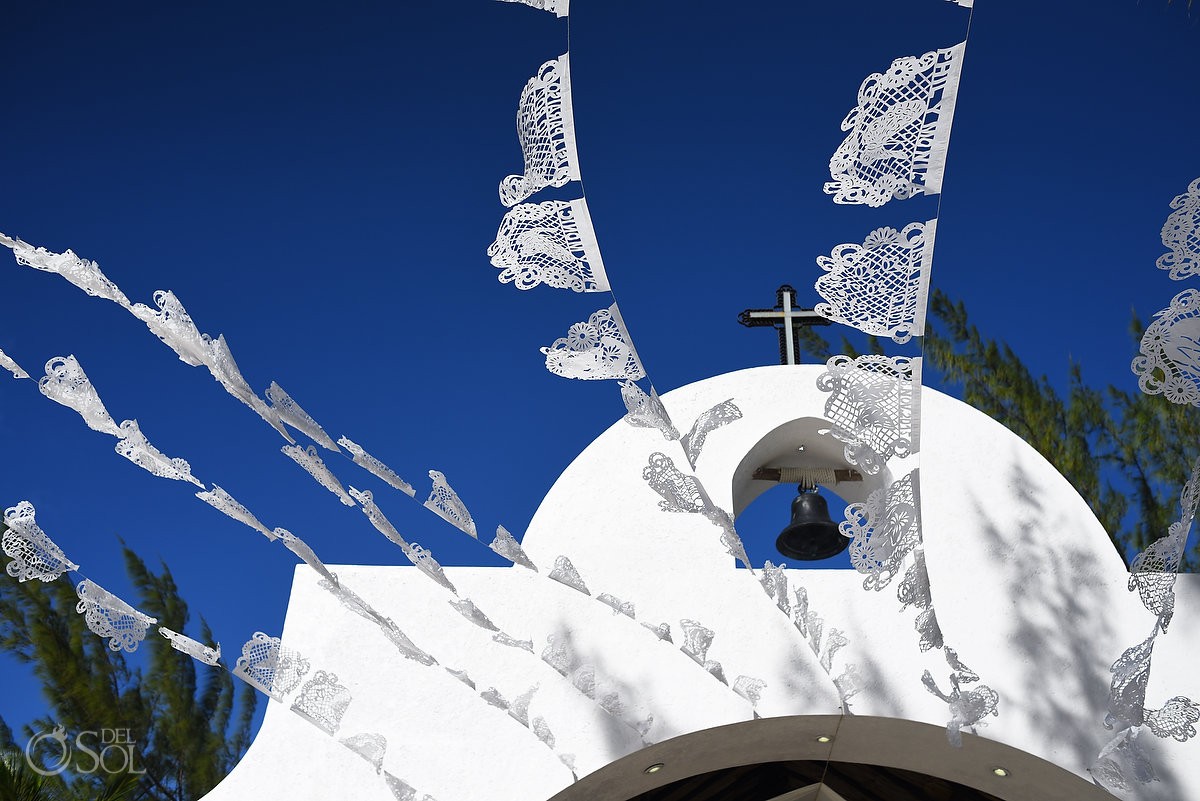 Custom white papel picado, mexican wedding decoration, bride groom names, blue sky church, isla pasion, cozumel mexico