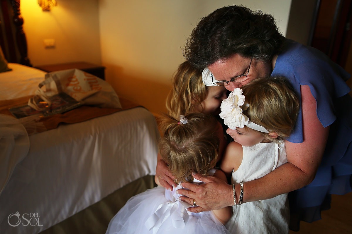 cute flower girls hug, getting ready Wedding Now Sapphire Riviera Cancun, Riviera Maya, Mexico