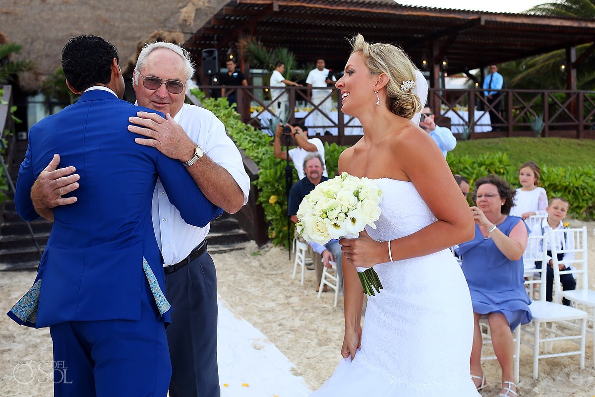 presentation bride father groom hug, beach Wedding Now Sapphire Riviera Cancun, Riviera Maya, Mexico