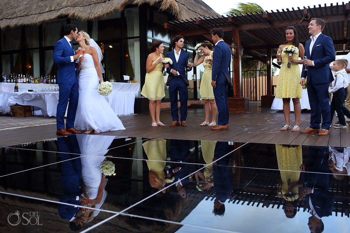 Bride groom kiss reflection dancefloor, beach Wedding Now Sapphire Riviera Cancun, Riviera Maya, Mexico