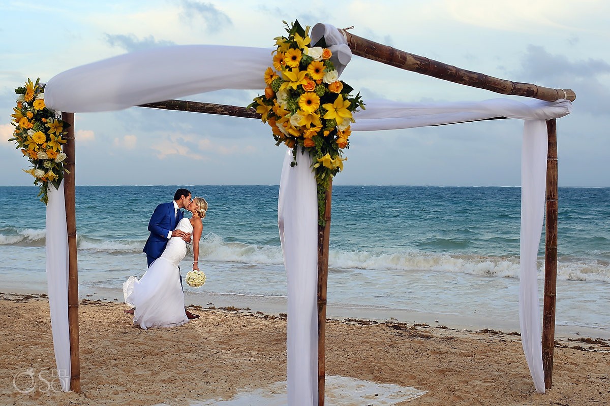 Artistic wedding portrait dip gazebo yellow flowers, beach Wedding Now Sapphire Riviera Cancun, Riviera Maya, Mexico