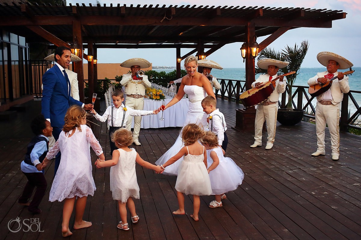 bride groom dancing circle kids flower girls, cocktail hour Now Sapphire Beach Wedding, Riviera Maya, Mexico