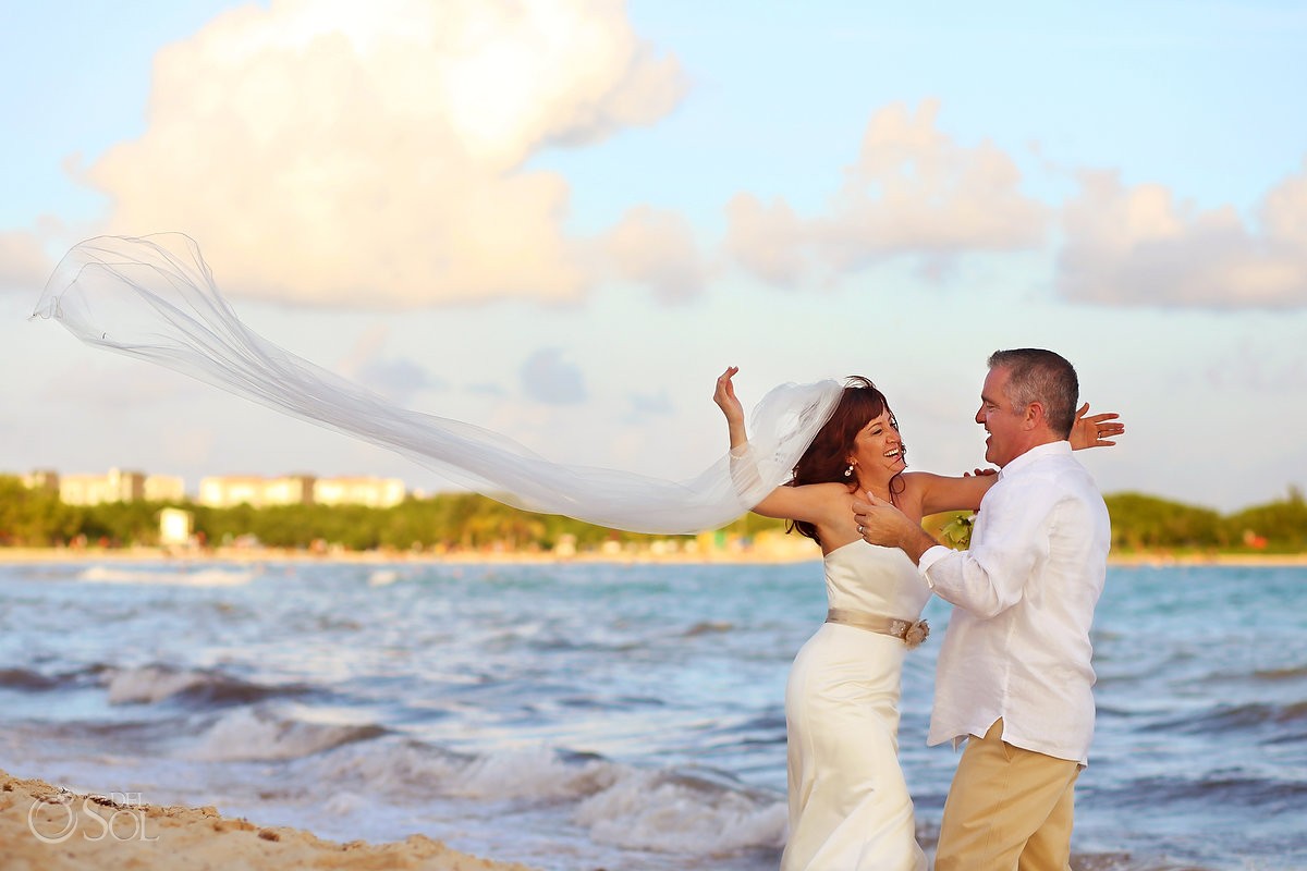 beach wedding portraits, bride laughing, Elopement Paradisus, Playa del Carmen, Mexico