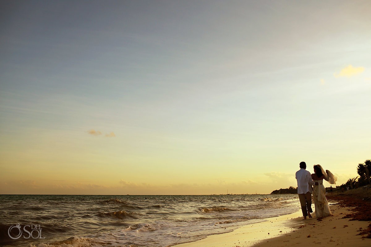 beach wedding portrait sunset golden hour silhouette, Elopement Paradisus, Playa del Carmen, Mexico