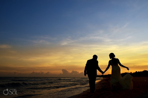 silouette Sunset beach wedding portrait, Destination Wedding Sandos Playacar, Playa del Carmen, Mexico