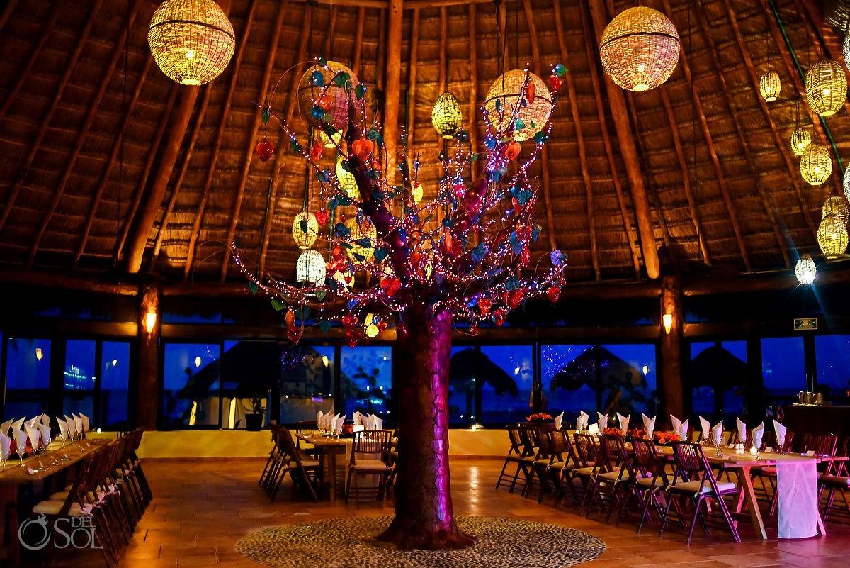 Dreams Puerto Aventuras El Patio restaurant dinner wedding reception set up evening night, tree light