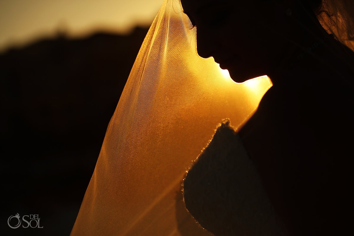 beautiful golden hour sunset light bride wearing veil silhouette detail, Beach Wedding Fiesta Americana Condesa, Cancun, Mexico