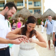 funny wedding picture bride pretends force ring grooms finger, Beach Wedding Now Jade, Puerto Morelos, Mexico.