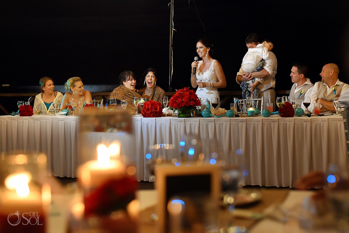 bride groom speeches toasts holding sleeping son, Wedding reception Now Sapphire Tequila terrace, Puerto Morellos, Mexico