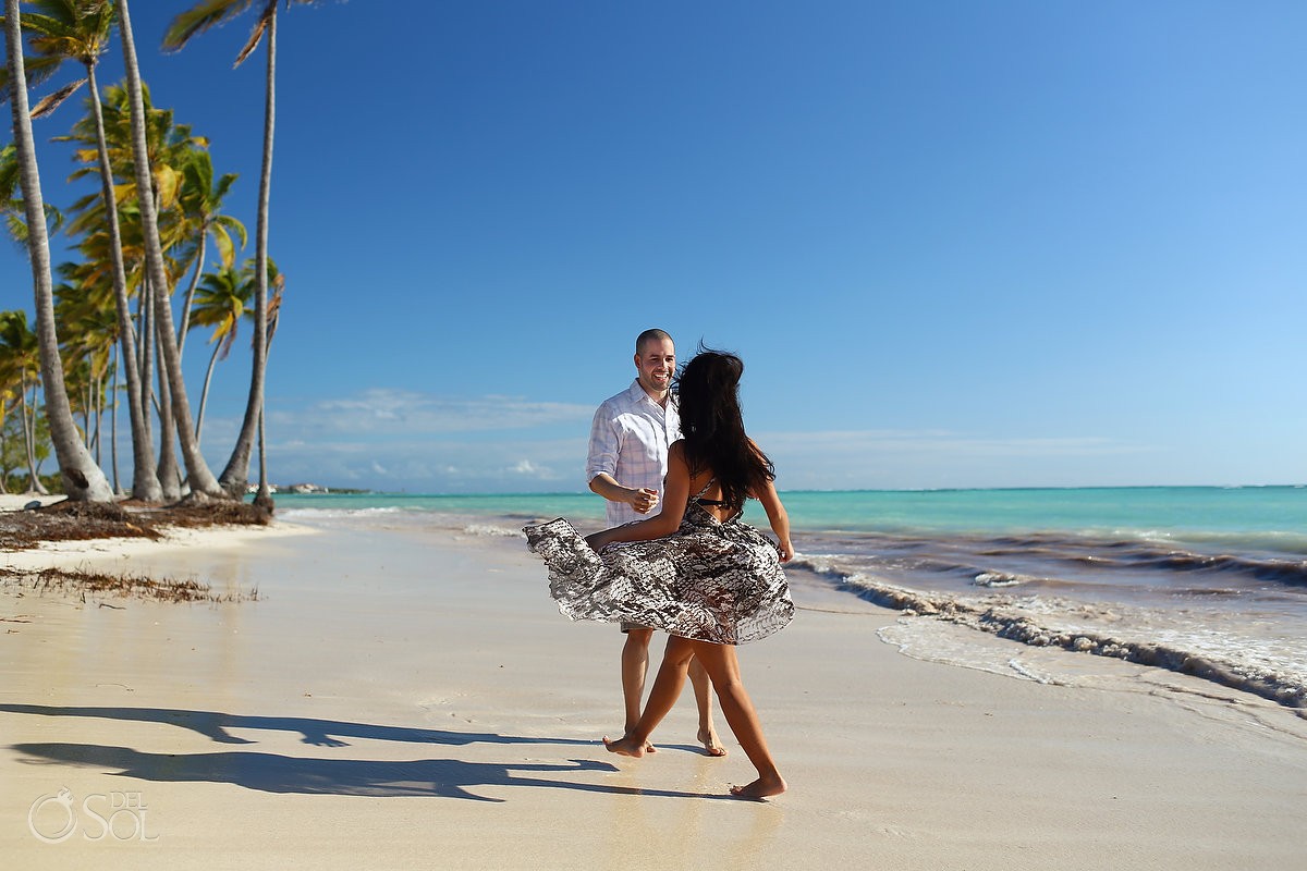 couple dancing ocean, Carribean Beach portraits, blue sky palm trees, Sanctuary Cap Cana Resort, Dominican Republic
