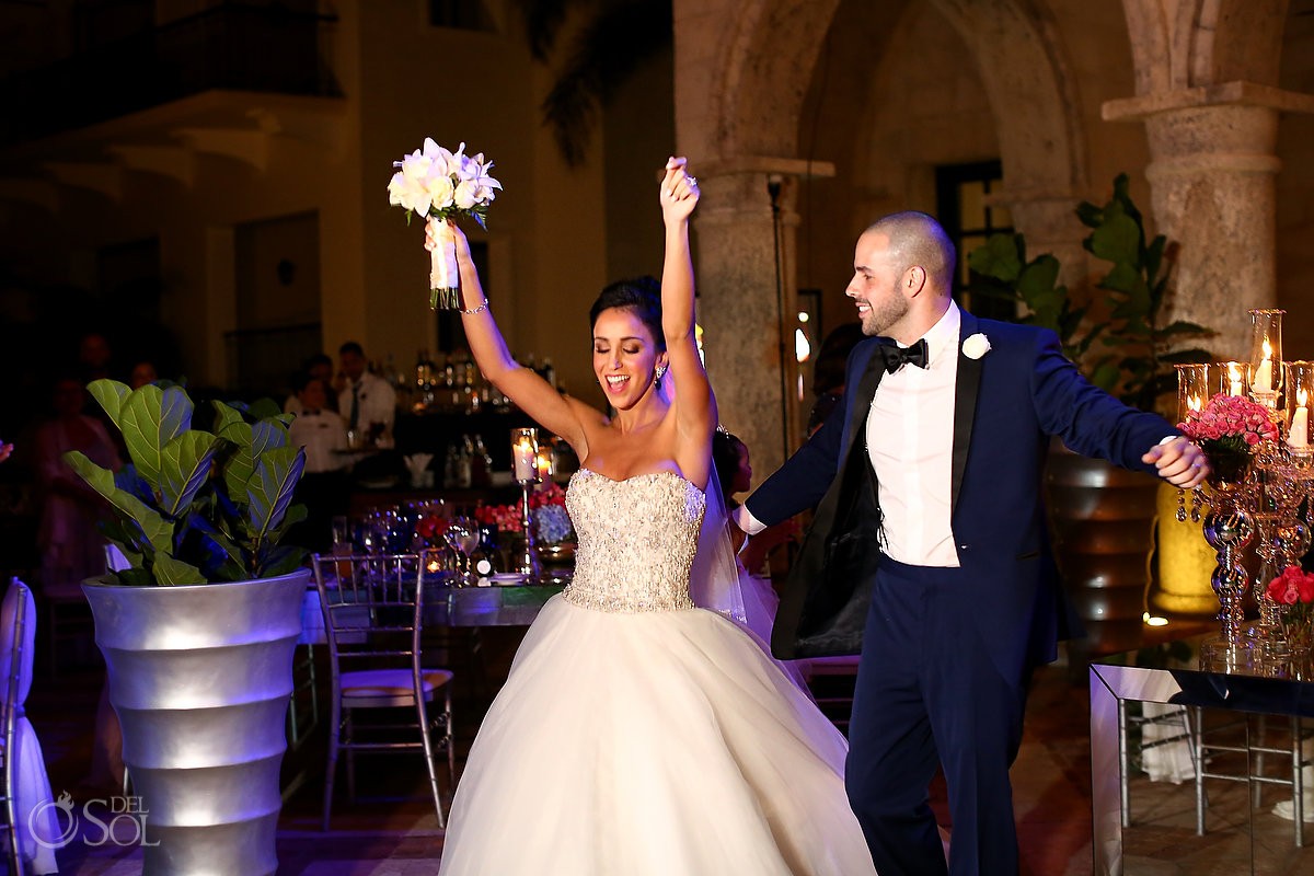 Bride groom enter wedding reception, Dennis Basso dress, Sanctuary Cap Cana Resort, Punta Cana, Dominican Republic