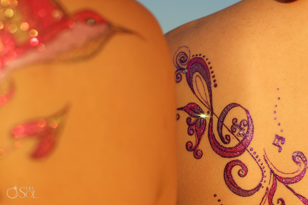 Inmar Mineral art tattoo body art words purple treble clef design crystal bling.