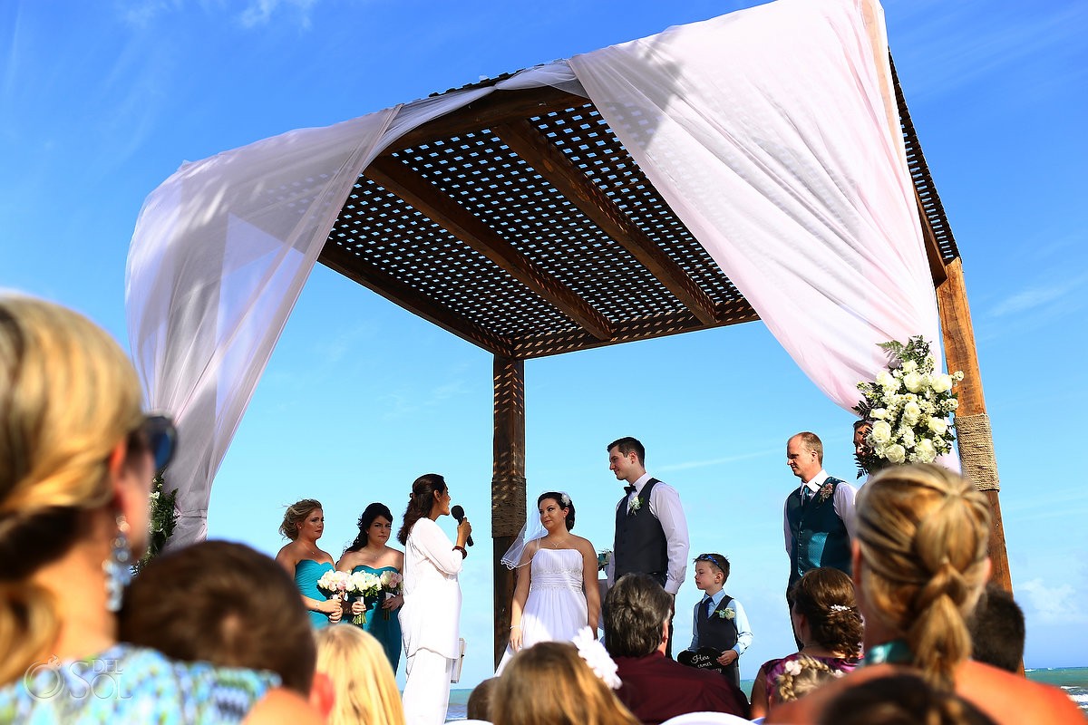 beach Wedding ceremony, pink chuppah fabric BlueBay Grand Esmeralda, Playa del Carmen, Mexico