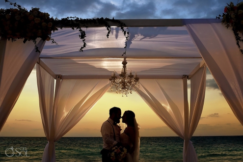 wedding portrait sunset silhouette gazebo beach wedding Grand Hyatt, Playa del Carmen, Mexico