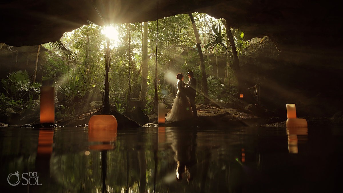 Artistic wedding portrait sunset light jungle cave cenote wedding ceremonies by del sol photography