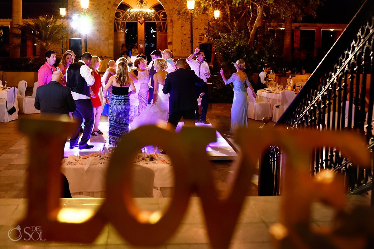 LOVE sign dance floor destination wedding reception, Iberostar Paraiso Lindo centro commercial, Riviera Maya, Mexico