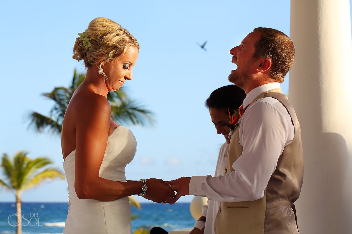 funny wedding picture bird coming out of groom's mouth Barceló Maya Palace Deluxe gazebo, Riviera Maya, Mexico