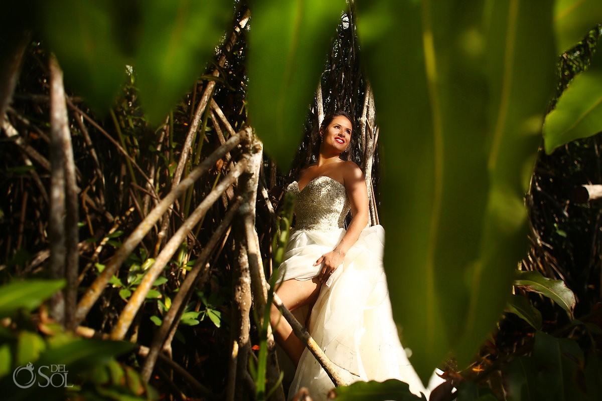 beautiful Latina bride wearing Eddy K wedding dress cenote trash the dress Riviera Maya Mexico