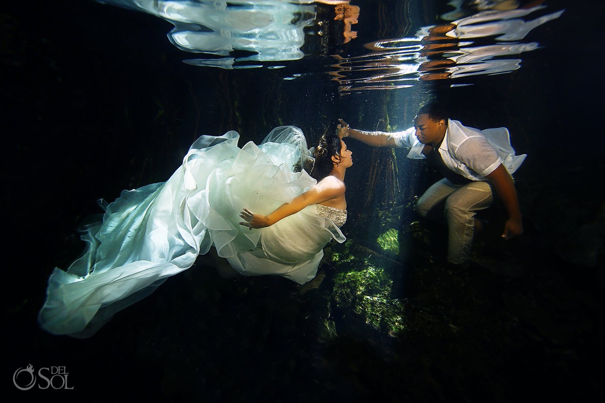 underwater wedding photo cenote trash the dress Riviera Maya Mexico
