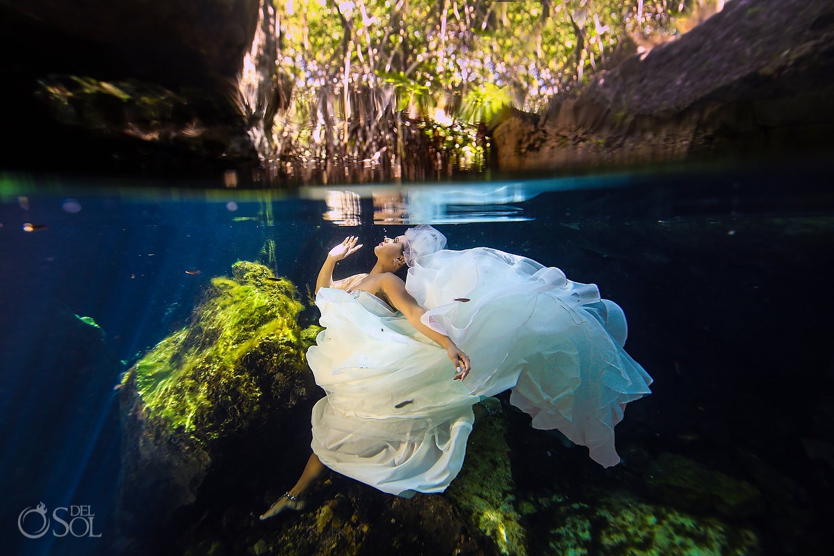underwater mermaid bride wedding photo cenote trash the dress Riviera Maya Mexico
