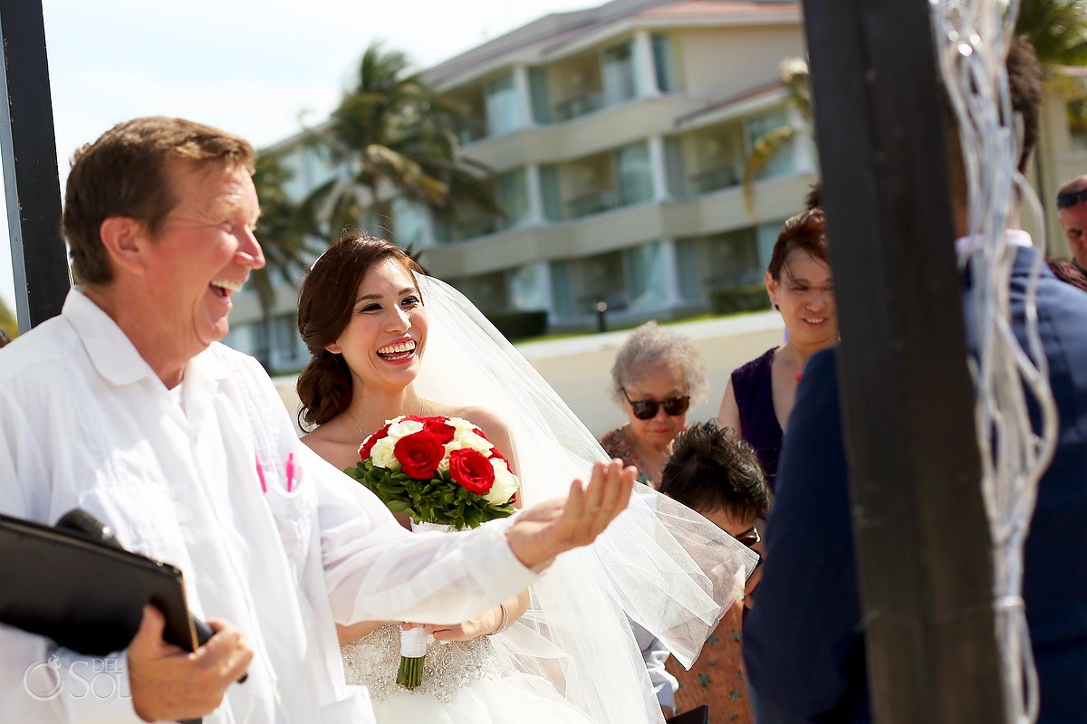 happy bride smiling beach Wedding Moon Palace, Cancun, Mexico