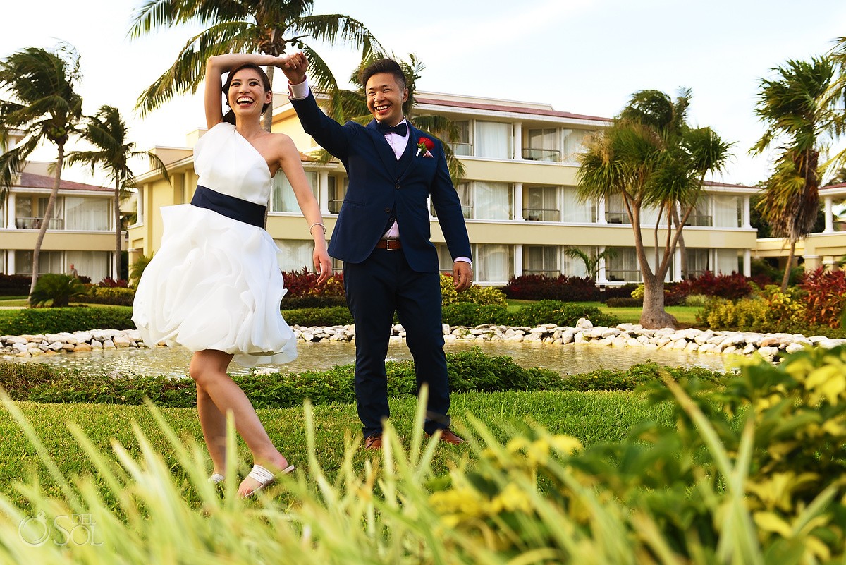 bride groom dancing destination wedding reception Wedding Moon Palace terrace, Cancun, Mexico