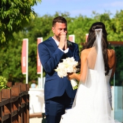 Groom reaction first look beach destination wedding, Paradisus Gabi Brigde, Riviera Maya, Mexico